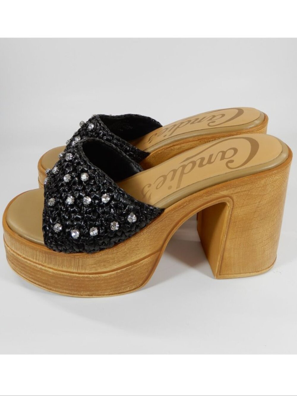 Candie's Febe Platform Slide Sandals Size 8 Black Woven Crystals Retro NEW